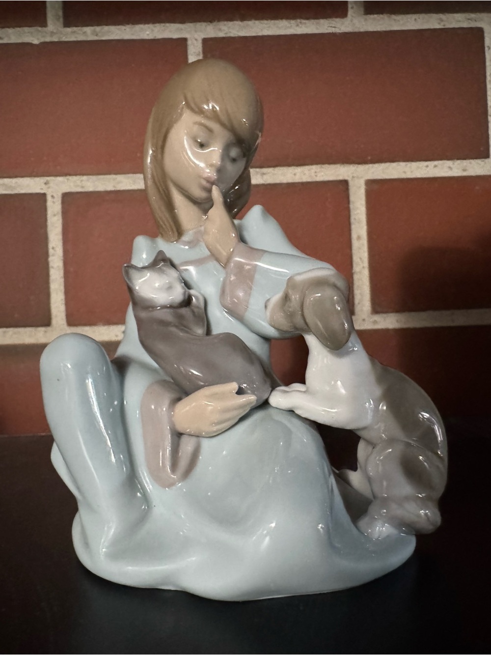 "Cat Nap" by Lladro, 1990 Girl with napping cat and puppy, #5640, Glazed, Spain